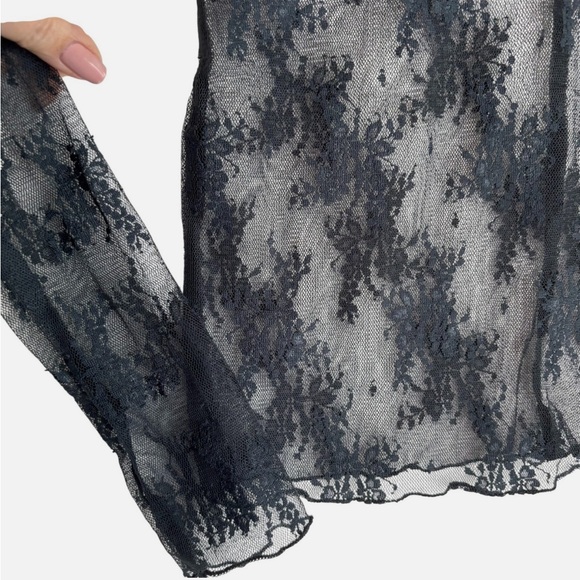 FREE PEOPLE Lady Lux Layering Top Black Long Sleeve Medium Lace Elegant Sheer - Picture 3 of 6